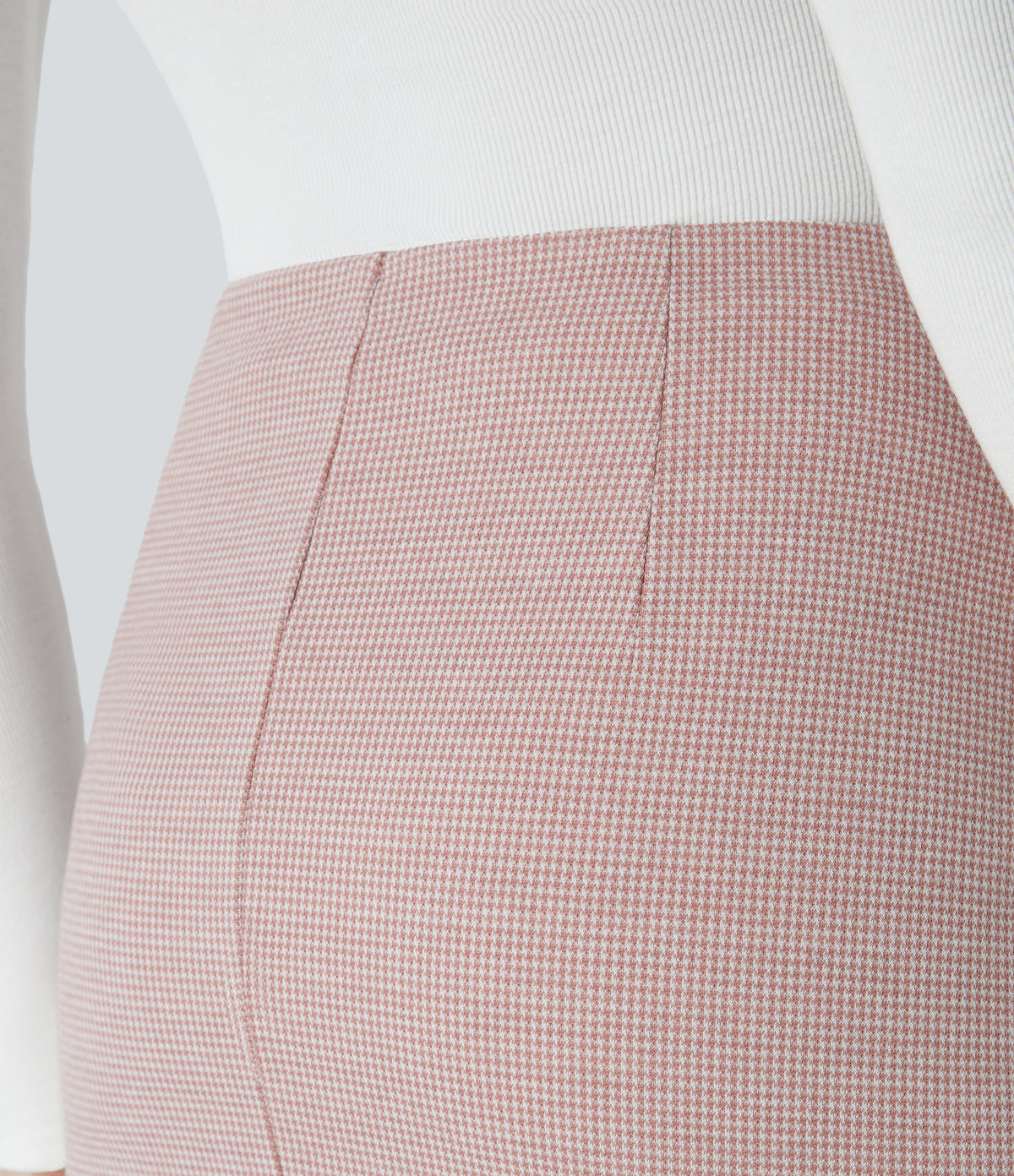 High Waisted Asymmetric Ruched 2-in-1 Houndstooth Mini Work Skirt — Pink Sand Houndstooth — view 6
