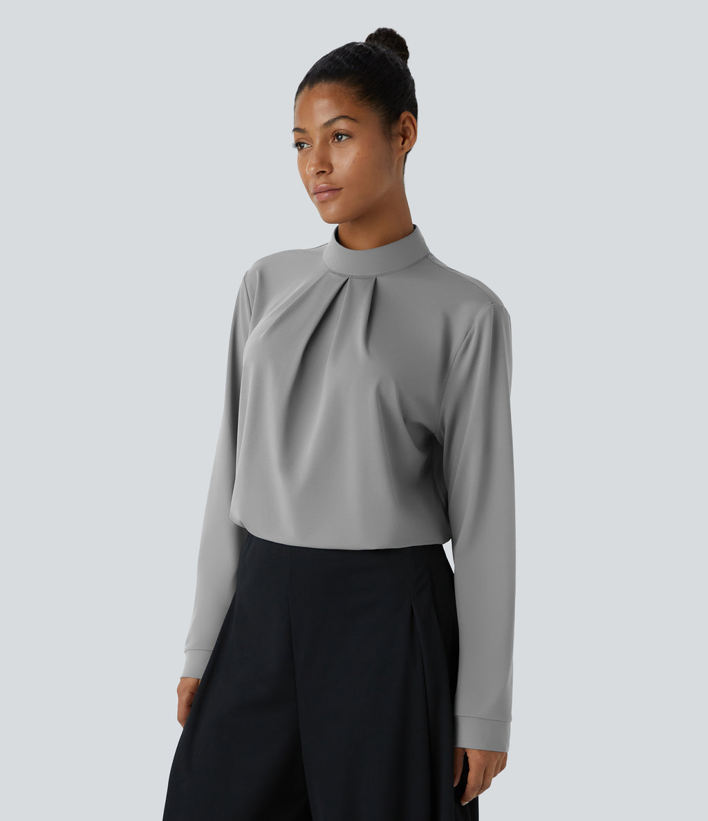 Stand Collar Button Back Long Sleeve Work Blouse — Ultimate Gray — view 1