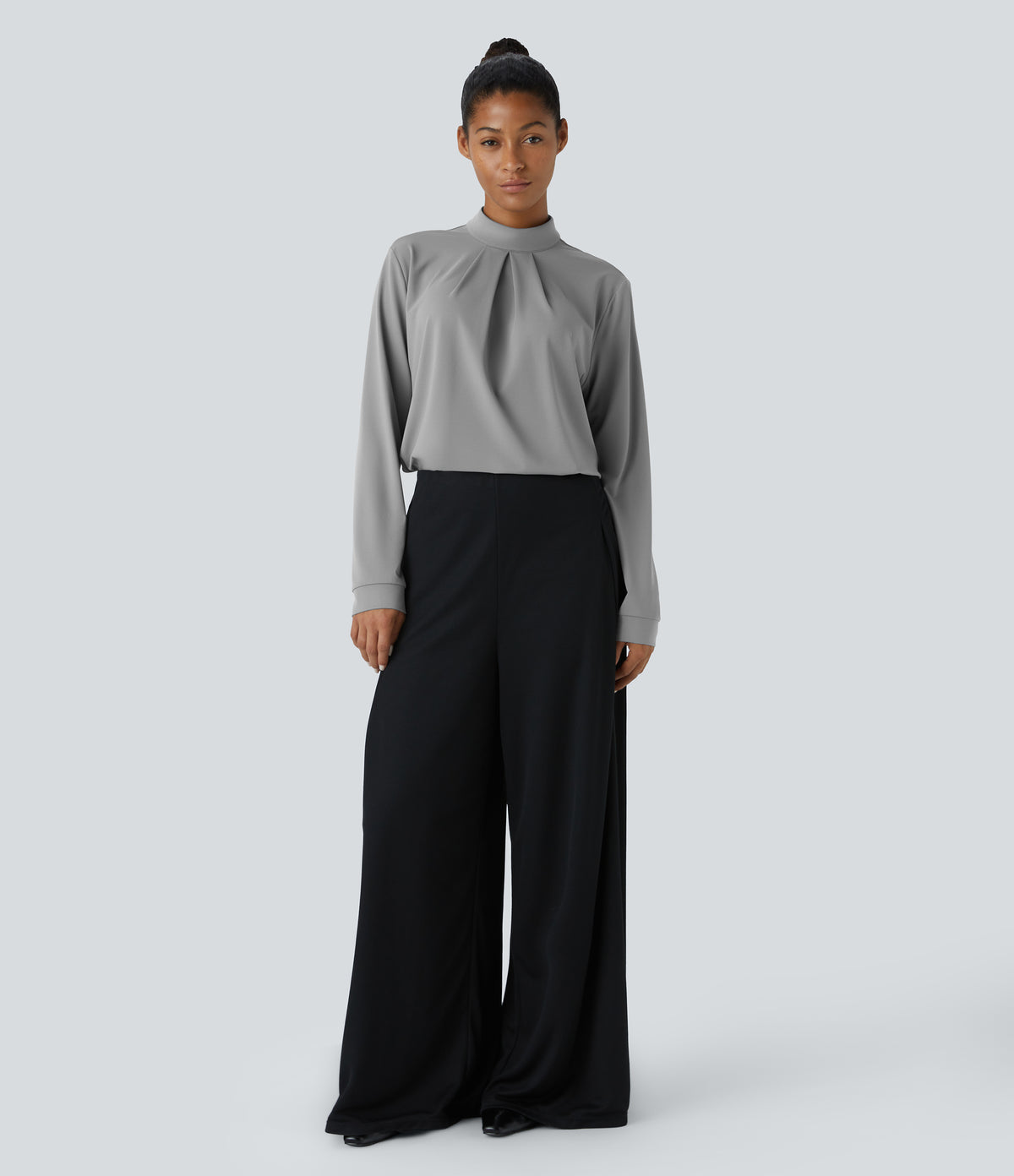 Stand Collar Button Back Long Sleeve Work Blouse — Ultimate Gray — view 6