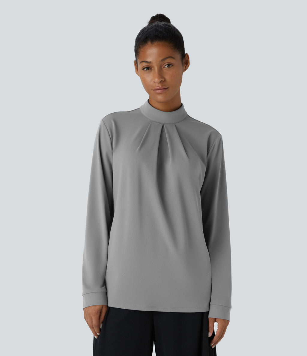 Stand Collar Button Back Long Sleeve Work Blouse — Ultimate Gray — view 3