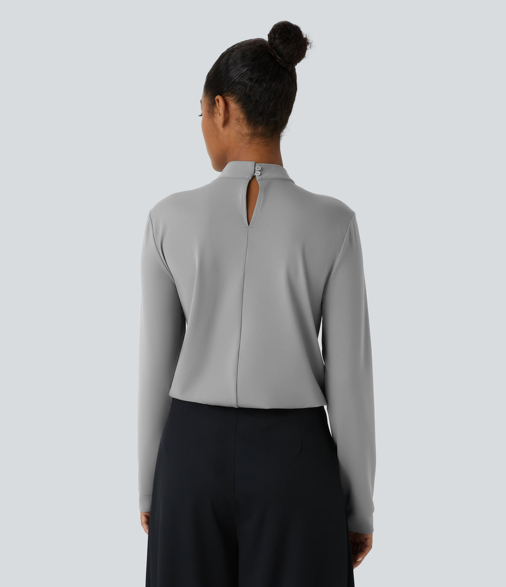 Stand Collar Button Back Long Sleeve Work Blouse — Ultimate Gray — view 2