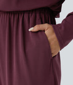 Off Shoulder Long Sleeve Side Pocket Waffle Casual Jumpsuit — Evening Red — view 5