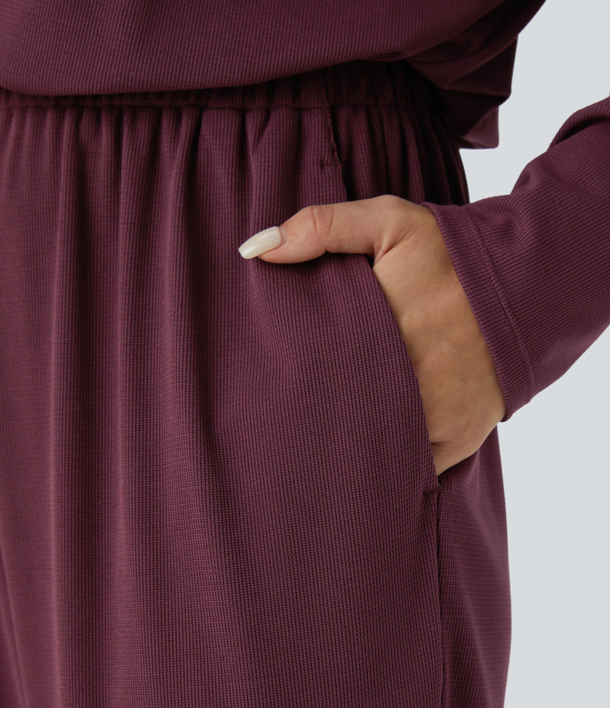Off Shoulder Long Sleeve Side Pocket Waffle Casual Jumpsuit — Evening Red — view 5