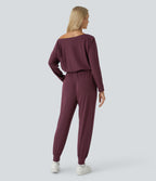 Off Shoulder Long Sleeve Side Pocket Waffle Casual Jumpsuit — Evening Red — view 2
