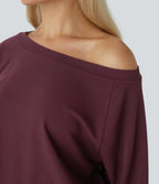 Off Shoulder Long Sleeve Side Pocket Waffle Casual Jumpsuit — Evening Red — view 4