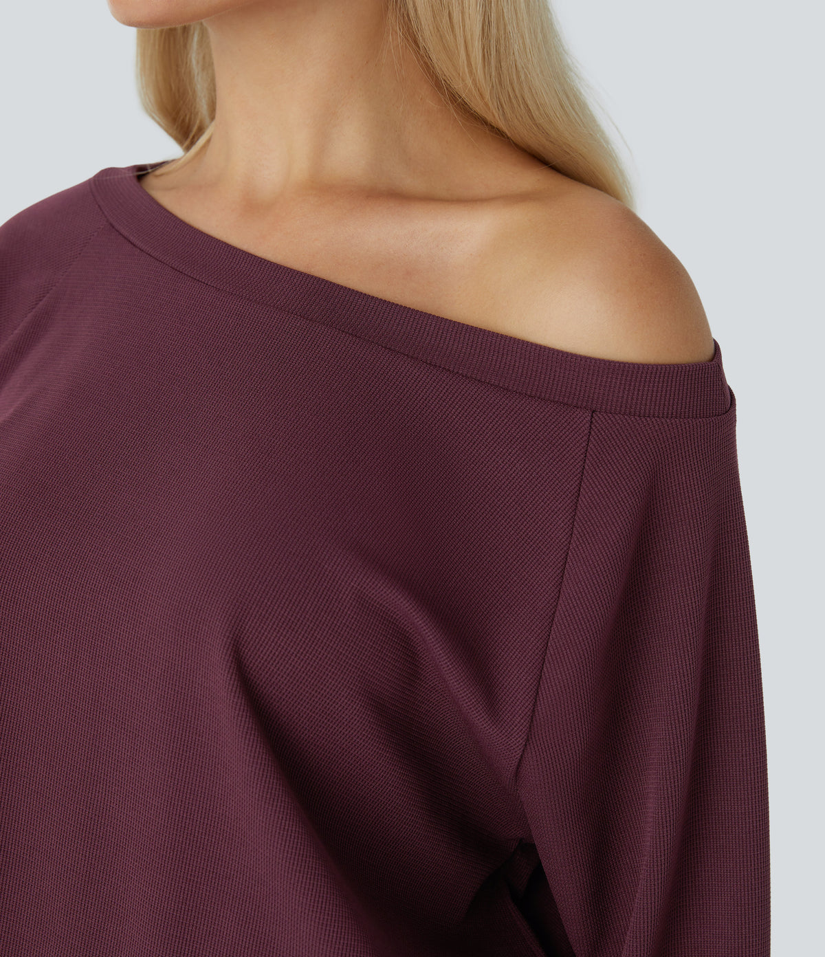 Off Shoulder Long Sleeve Side Pocket Waffle Casual Jumpsuit — Evening Red — view 4