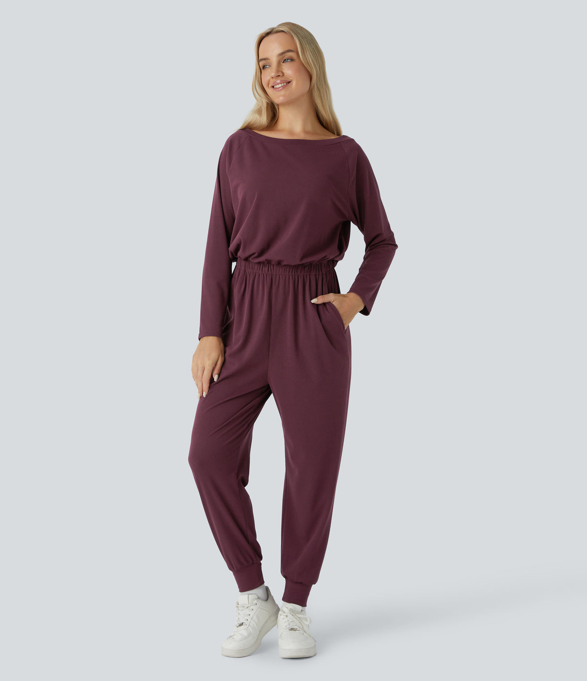 Off Shoulder Long Sleeve Side Pocket Waffle Casual Jumpsuit — Evening Red — view 3
