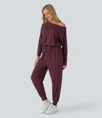 Off Shoulder Long Sleeve Side Pocket Waffle Casual Jumpsuit — Evening Red — view 1