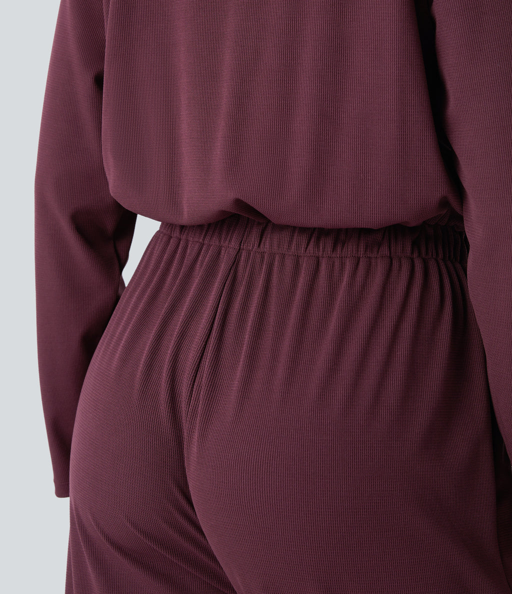 Off Shoulder Long Sleeve Side Pocket Waffle Casual Jumpsuit — Evening Red — view 6