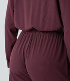 Off Shoulder Long Sleeve Side Pocket Waffle Casual Jumpsuit — Evening Red — view 6
