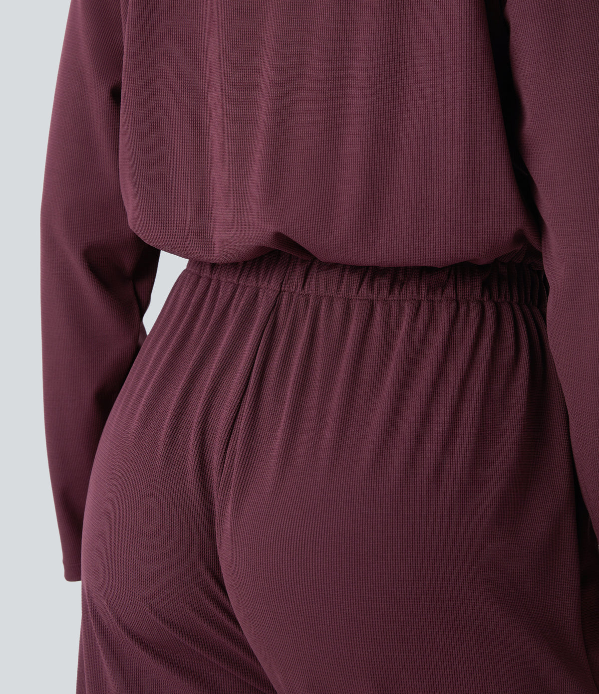 Off Shoulder Long Sleeve Side Pocket Waffle Casual Jumpsuit — Evening Red — view 6