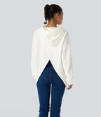 Hooded Drawstring Long Sleeve Kangaroo Pocket Crossover Split Casual Sweatshirt — White — view 1