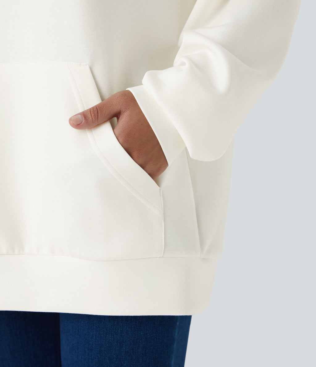 Hooded Drawstring Long Sleeve Kangaroo Pocket Crossover Split Casual Sweatshirt — White — view 5