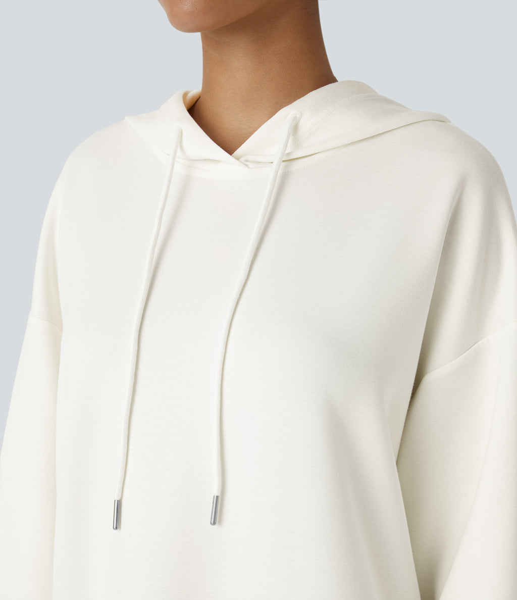 Hooded Drawstring Long Sleeve Kangaroo Pocket Crossover Split Casual Sweatshirt — White — view 4