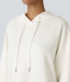 Hooded Drawstring Long Sleeve Kangaroo Pocket Crossover Split Casual Sweatshirt — White — view 4