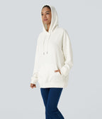 Hooded Drawstring Long Sleeve Kangaroo Pocket Crossover Split Casual Sweatshirt — White — view 7
