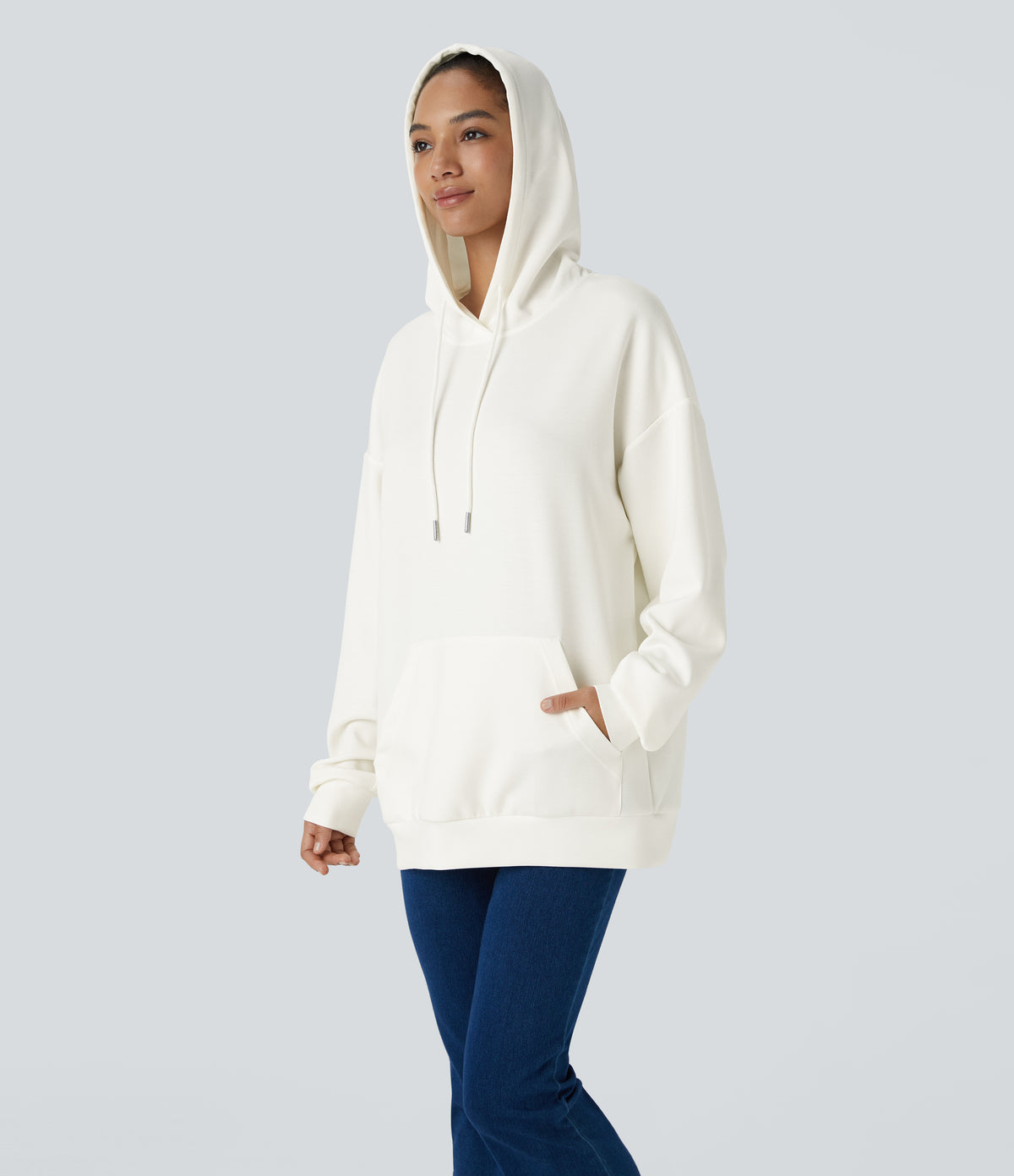 Hooded Drawstring Long Sleeve Kangaroo Pocket Crossover Split Casual Sweatshirt — White — view 7