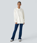 Hooded Drawstring Long Sleeve Kangaroo Pocket Crossover Split Casual Sweatshirt — White — view 8
