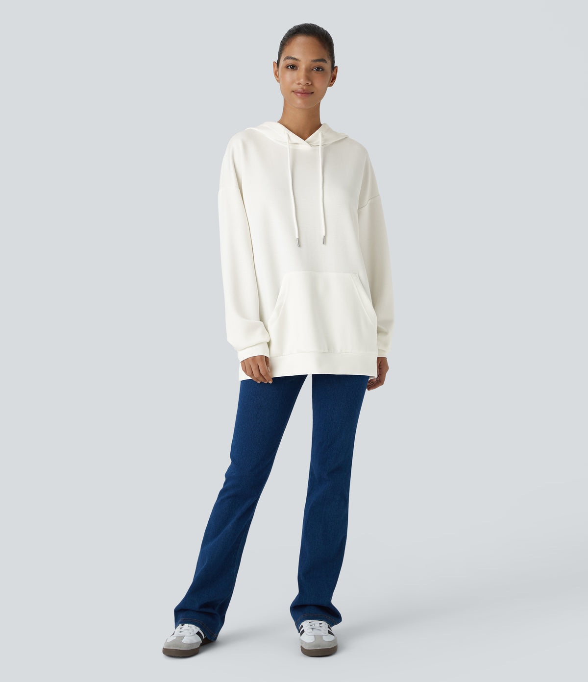 Hooded Drawstring Long Sleeve Kangaroo Pocket Crossover Split Casual Sweatshirt — White — view 8