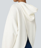 Hooded Drawstring Long Sleeve Kangaroo Pocket Crossover Split Casual Sweatshirt — White — view 6