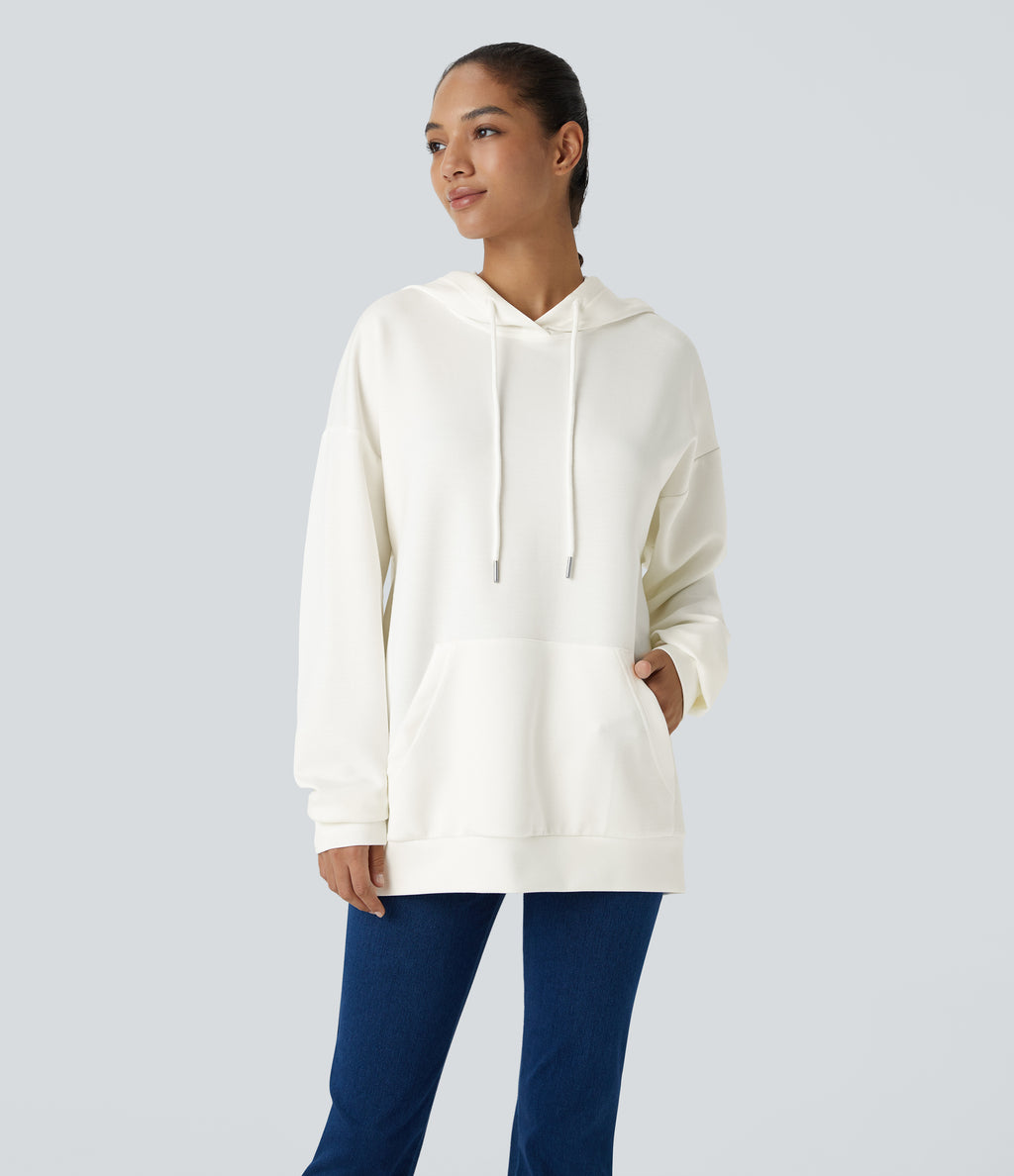 Hooded Drawstring Long Sleeve Kangaroo Pocket Crossover Split Casual Sweatshirt — White — view 2