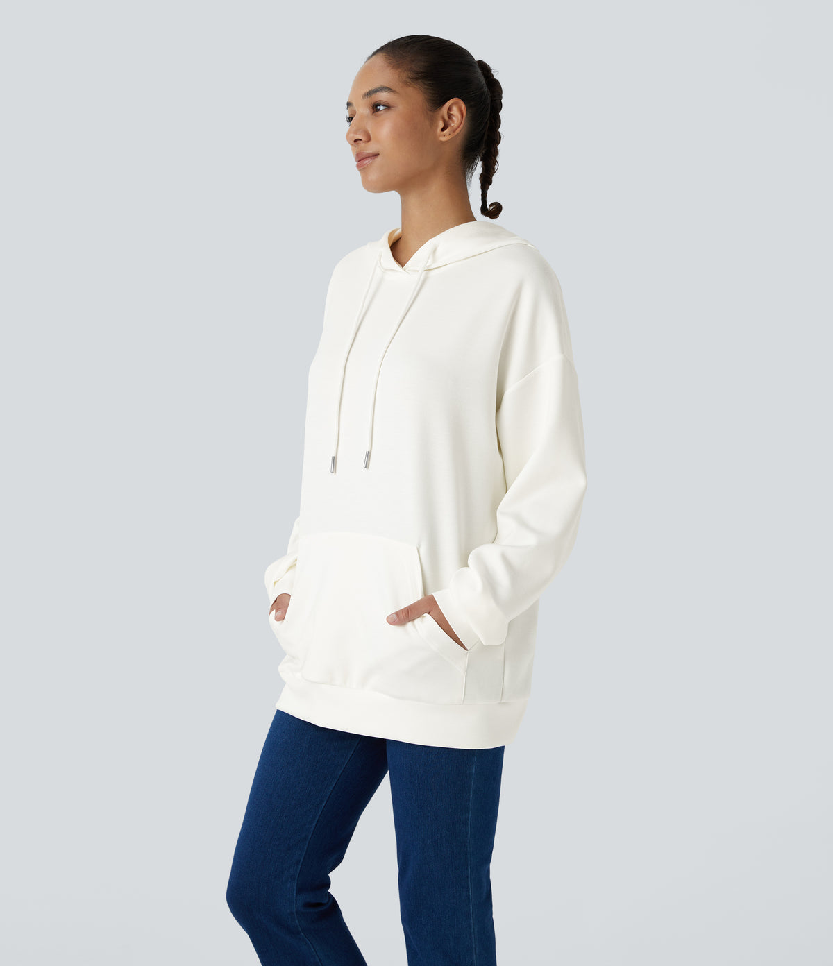 Hooded Drawstring Long Sleeve Kangaroo Pocket Crossover Split Casual Sweatshirt — White — view 3
