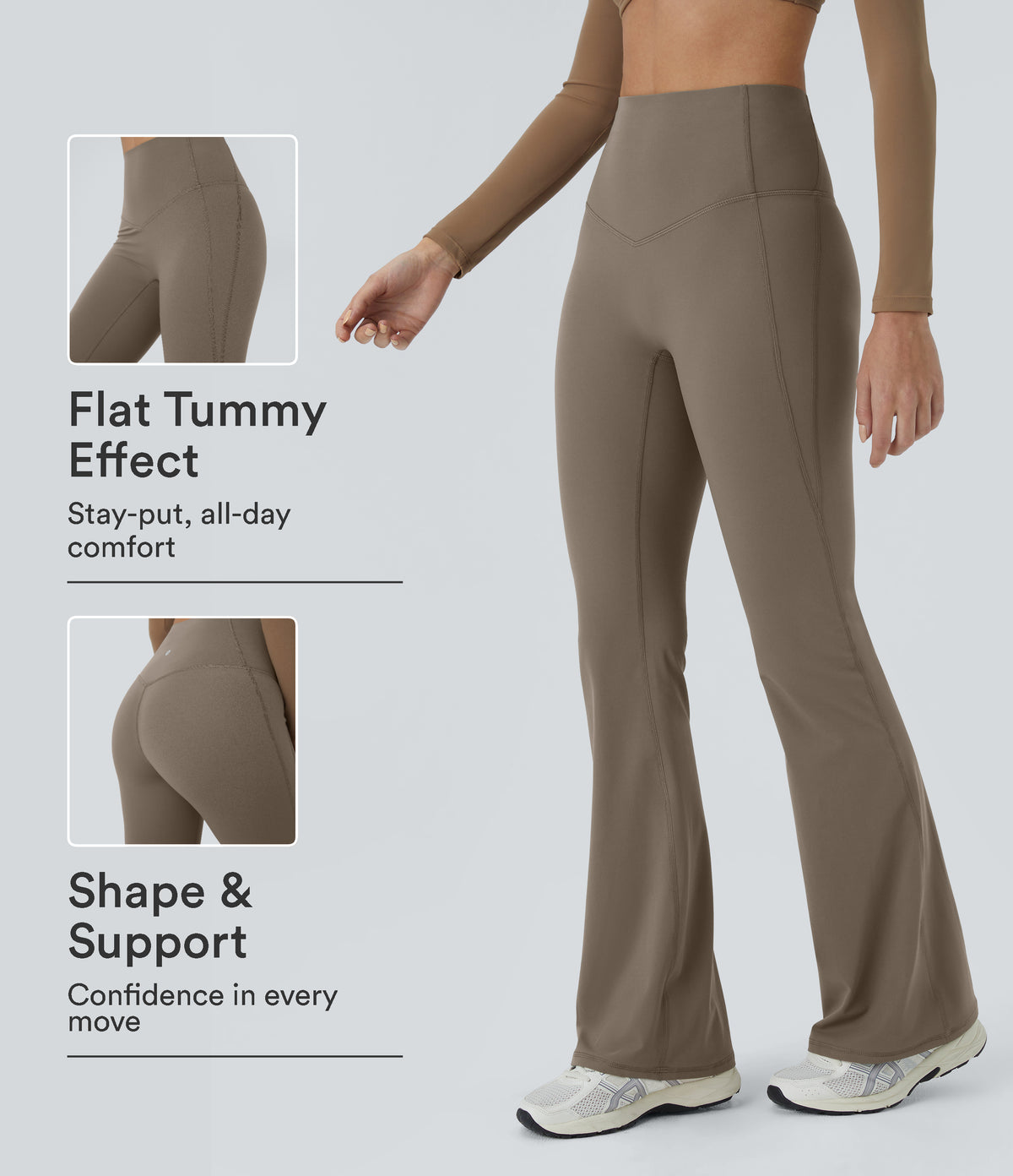 High Waisted Tummy Control Shaping Yoga Flared Leggings — Dawn Brown — view 1