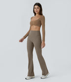 High Waisted Tummy Control Shaping Yoga Flared Leggings — Dawn Brown — view 6