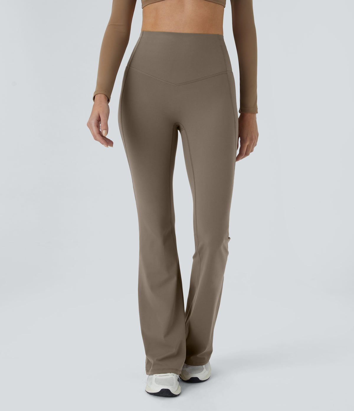 High Waisted Tummy Control Shaping Yoga Flared Leggings — Dawn Brown — view 3