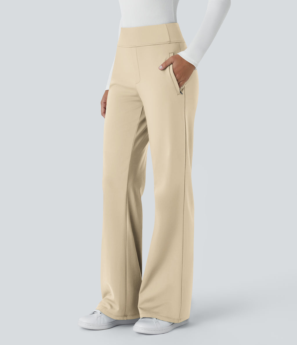 Mid Rise Side Zipper Pocket Work Flared Trousers — Whitecap Gray — view 23