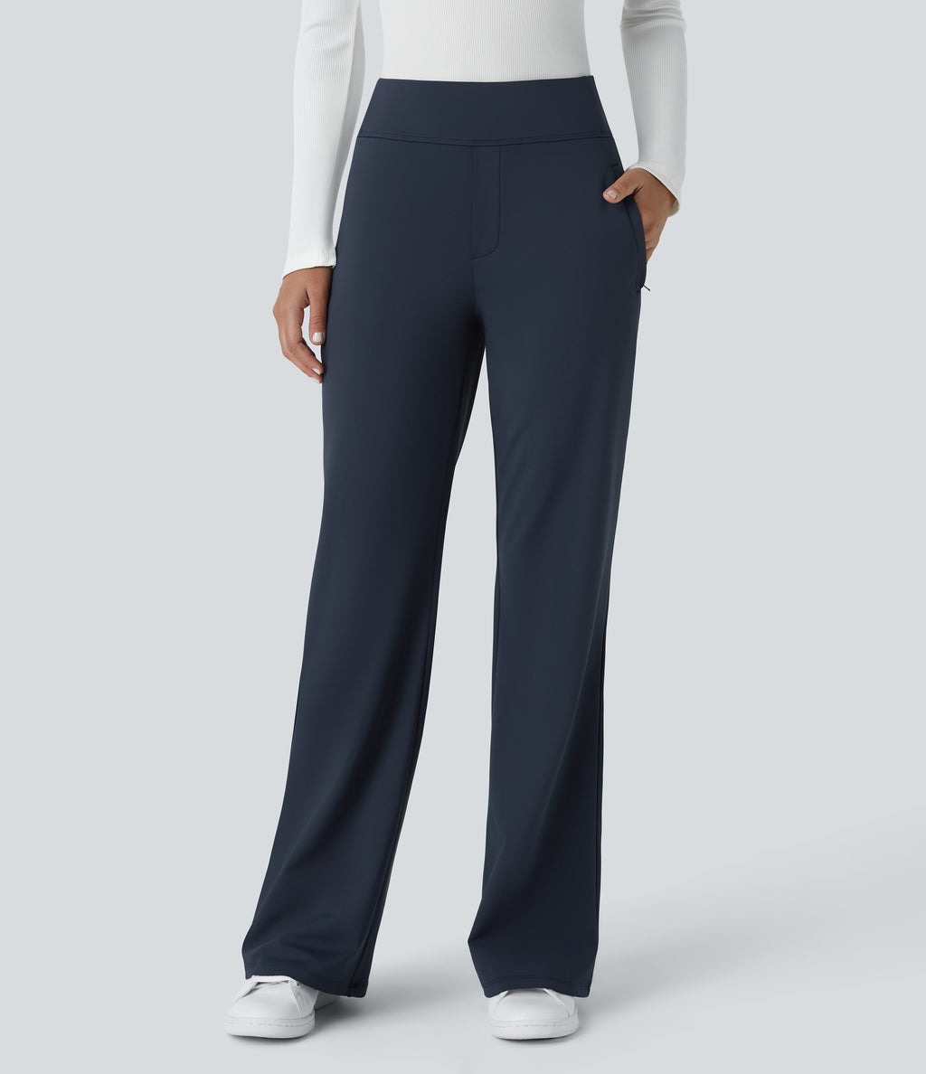Mid Rise Side Zipper Pocket Work Flared Trousers — Midnight Blue — view 3