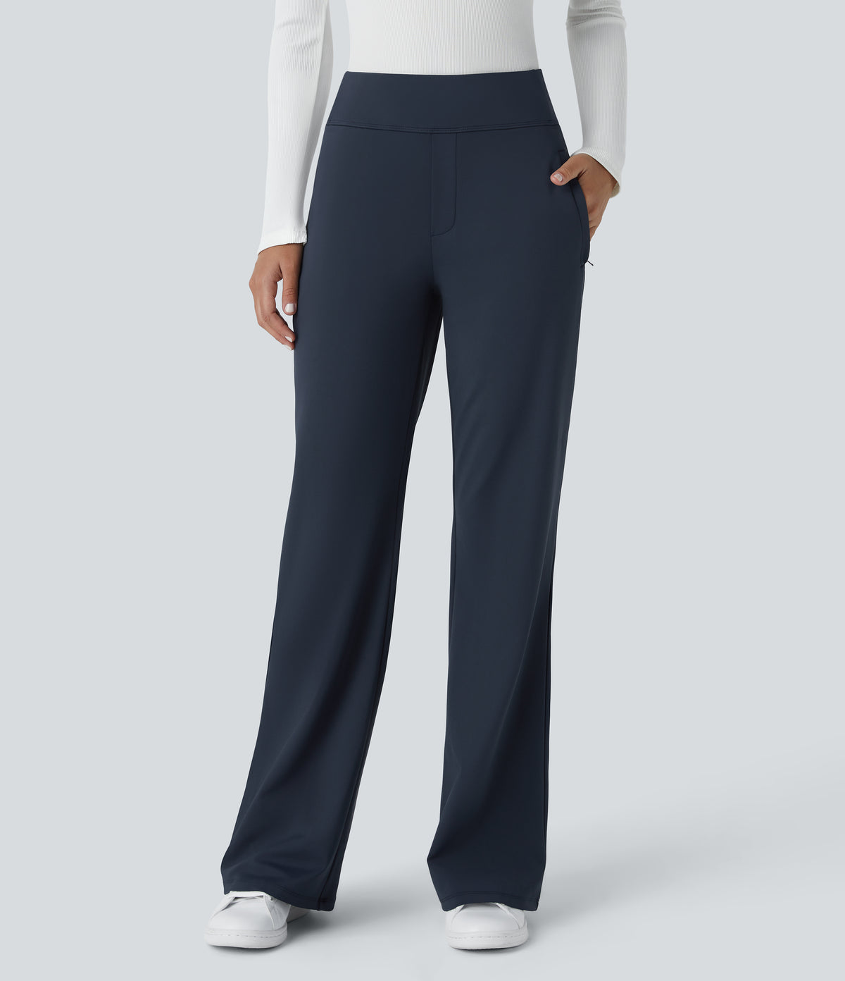 Mid Rise Side Zipper Pocket Work Flared Trousers — Midnight Blue — view 3
