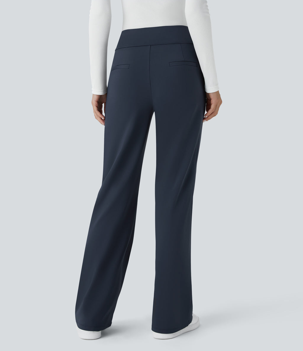 Mid Rise Side Zipper Pocket Work Flared Trousers — Midnight Blue — view 4