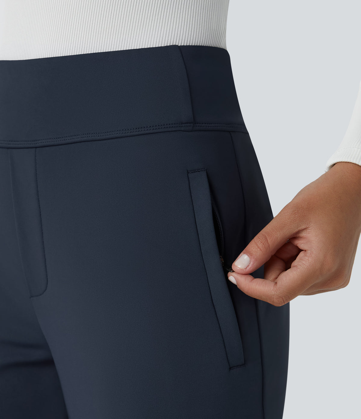 Mid Rise Side Zipper Pocket Work Flared Trousers — Midnight Blue — view 7