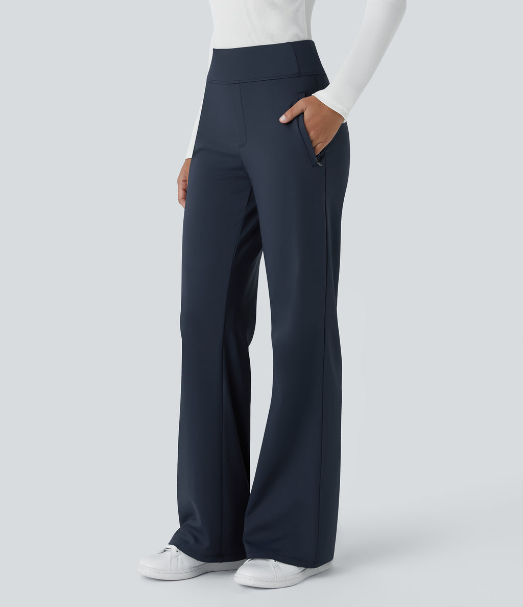 Mid Rise Side Zipper Pocket Work Flared Trousers — Midnight Blue — view 1