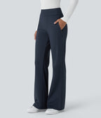 Mid Rise Side Zipper Pocket Work Flared Trousers — Midnight Blue — view 1