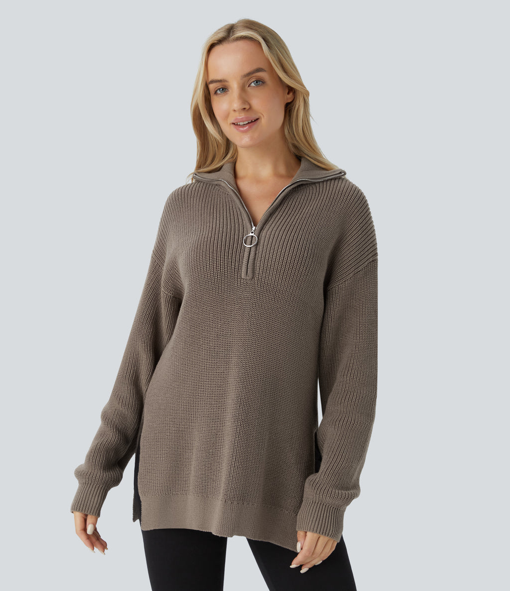 Funnel Neck Half Zip Long Sleeve Casual Jumper — Desert Taupe — view 1