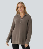 Funnel Neck Half Zip Long Sleeve Casual Jumper — Desert Taupe — view 1