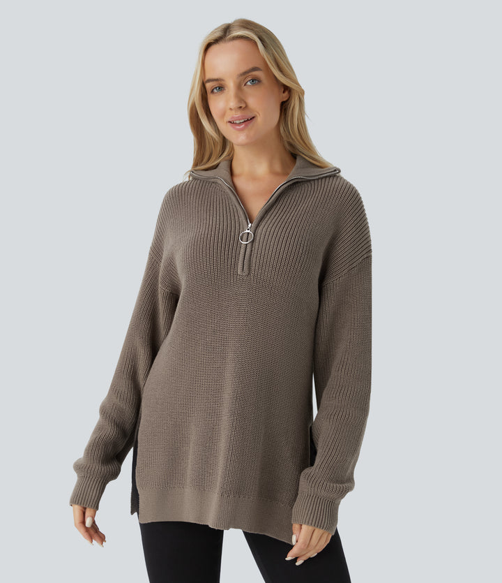 Funnel Neck Half Zip Long Sleeve Casual Jumper — Desert Taupe — view 1