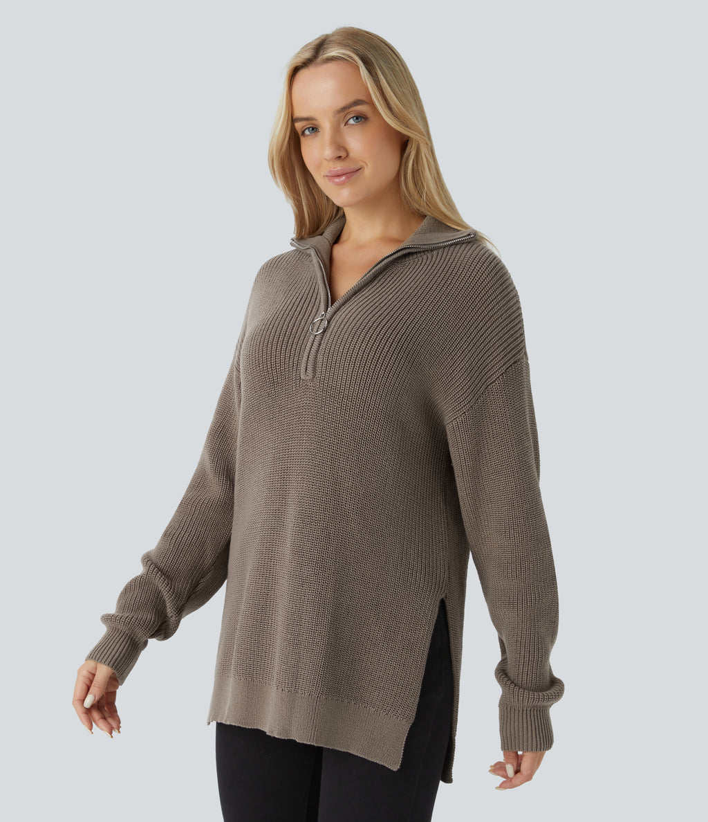 Funnel Neck Half Zip Long Sleeve Casual Jumper — Desert Taupe — view 3