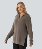 Funnel Neck Half Zip Long Sleeve Casual Jumper — Desert Taupe — view 3
