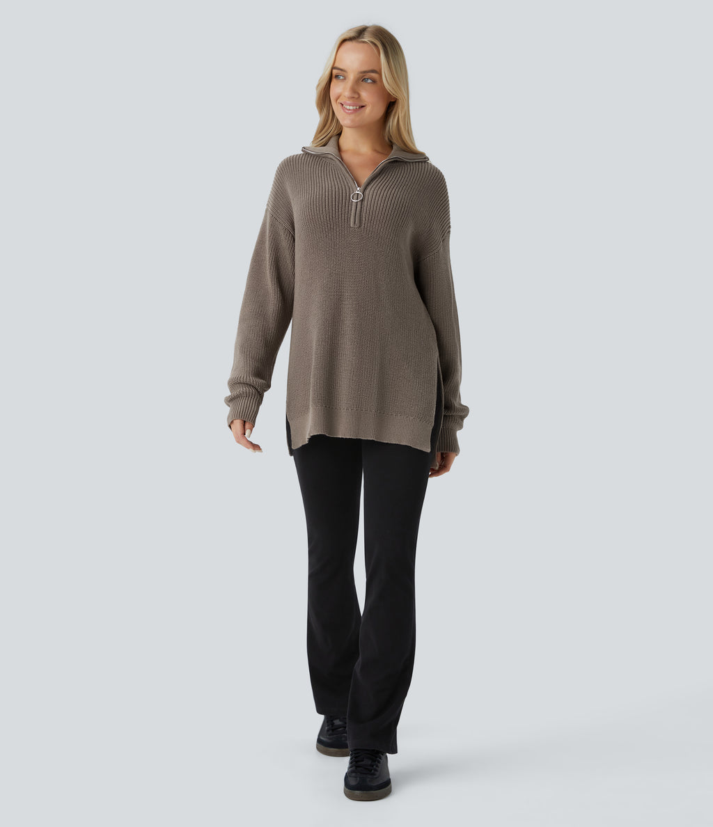 Funnel Neck Half Zip Long Sleeve Casual Jumper — Desert Taupe — view 6