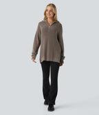 Funnel Neck Half Zip Long Sleeve Casual Jumper — Desert Taupe — view 6
