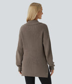 Funnel Neck Half Zip Long Sleeve Casual Jumper — Desert Taupe — view 2