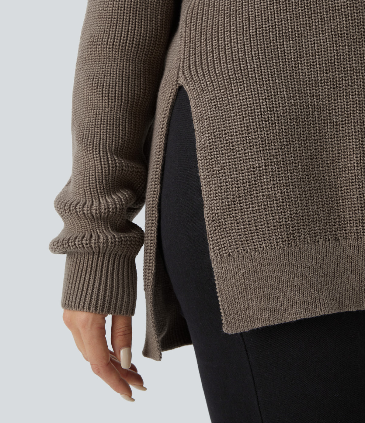 Funnel Neck Half Zip Long Sleeve Casual Jumper — Desert Taupe — view 5