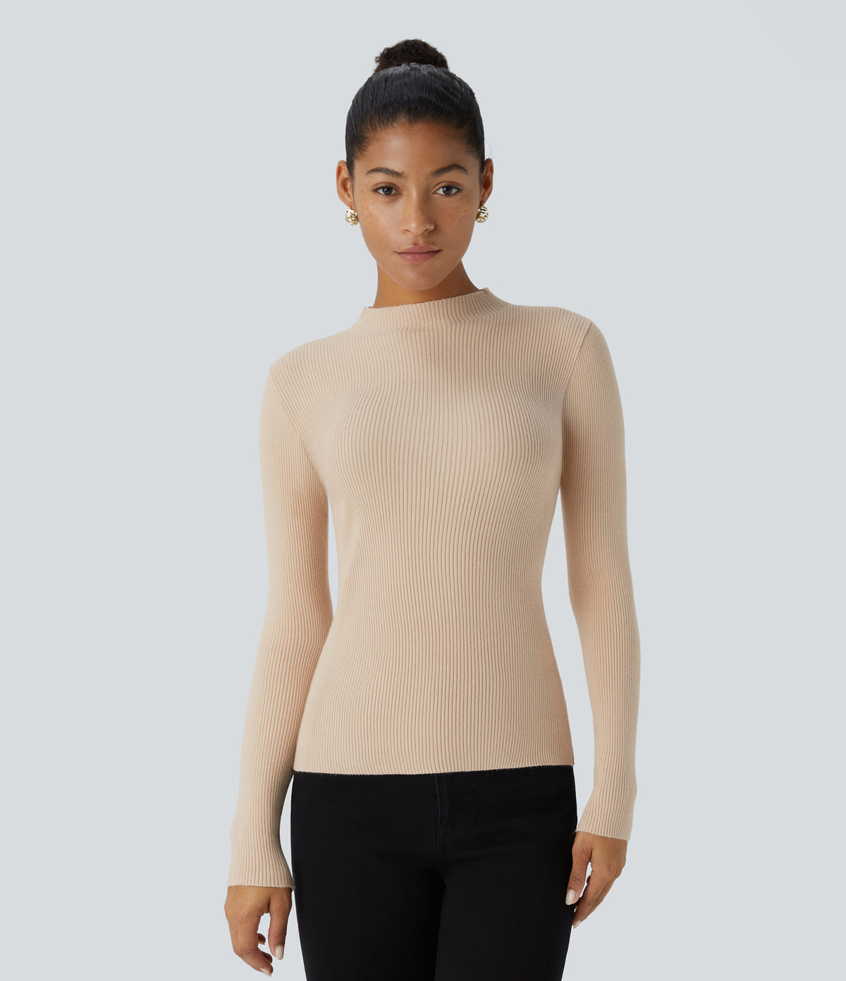 Ribbed Knit Round Neck Long Sleeve Casual Jumper — Smoke Gray — view 5