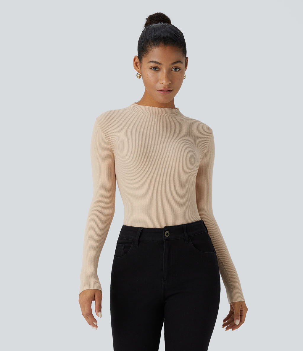 Ribbed Knit Round Neck Long Sleeve Casual Jumper — Smoke Gray — view 1
