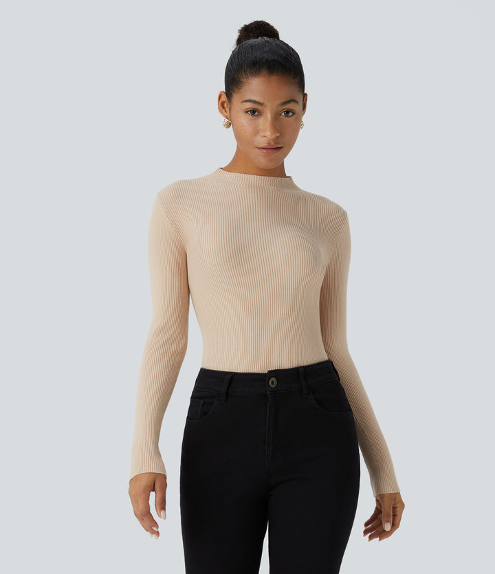 Ribbed Knit Round Neck Long Sleeve Casual Jumper — Smoke Gray — view 1