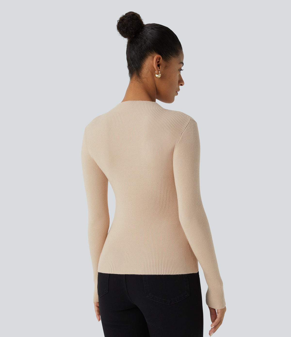 Ribbed Knit Round Neck Long Sleeve Casual Jumper — Smoke Gray — view 2
