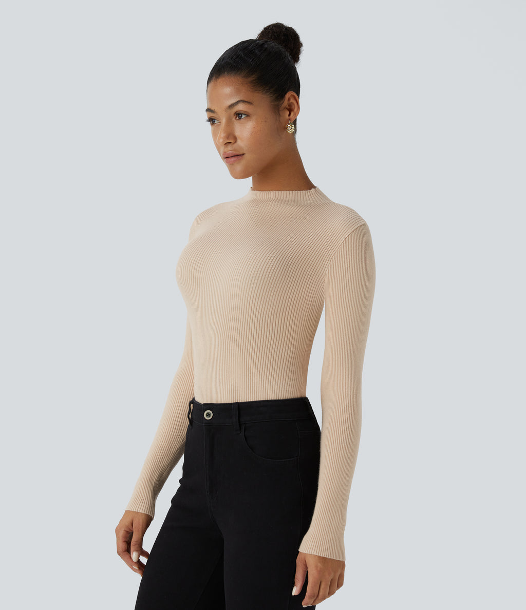Ribbed Knit Round Neck Long Sleeve Casual Jumper — Smoke Gray — view 3